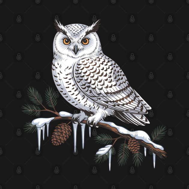 Snowy Owl on Icy Pine Branch Vintage Winter Art by BirdsnStuff