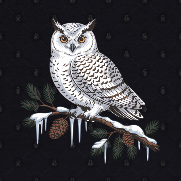 Snowy Owl on Icy Pine Branch Vintage Winter Art by BirdsnStuff