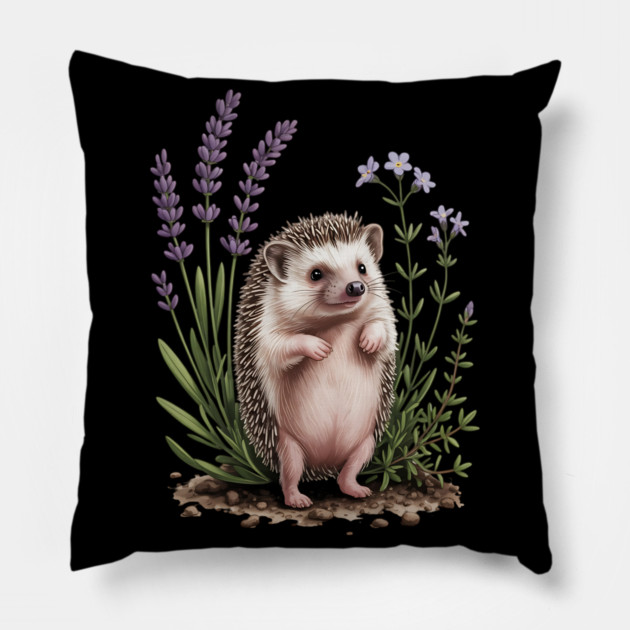 Cute Hedgehog with Lavender Wildflowers Pillow by BirdsnStuff