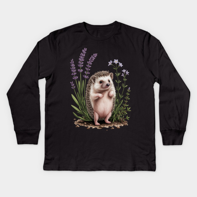 Cute Hedgehog with Lavender Wildflowers Kids Long Sleeve T-Shirt by BirdsnStuff