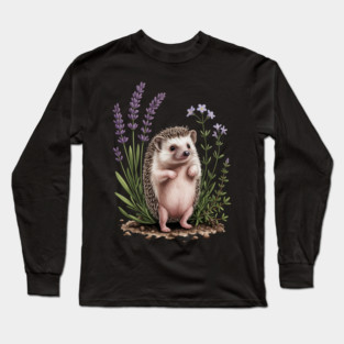 Cute Hedgehog with Lavender Wildflowers Long Sleeve T-Shirt