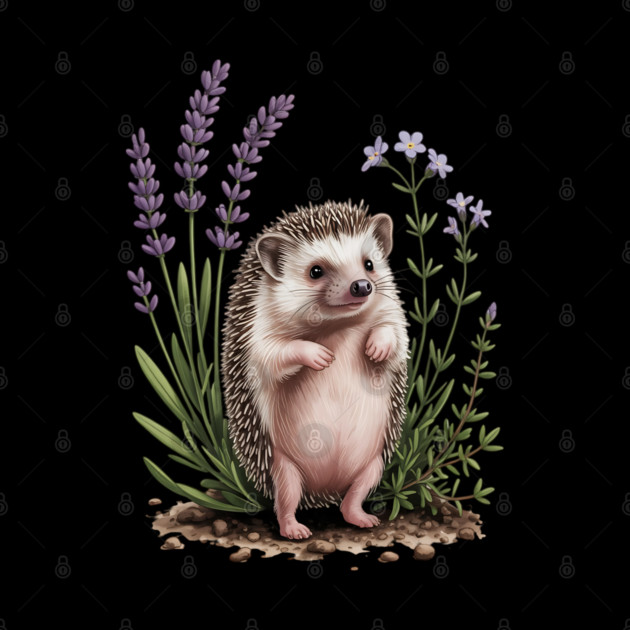 Cute Hedgehog with Lavender Wildflowers by BirdsnStuff
