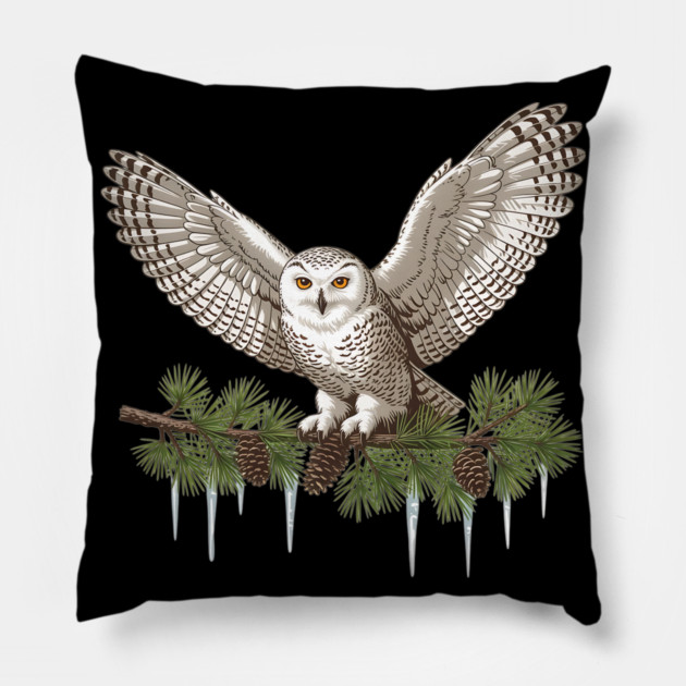 Snowy Owl on Icy Pine Branch Vintage Winter Art Pillow by BirdsnStuff