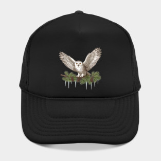 Snowy Owl on Icy Pine Branch Vintage Winter Art Hat