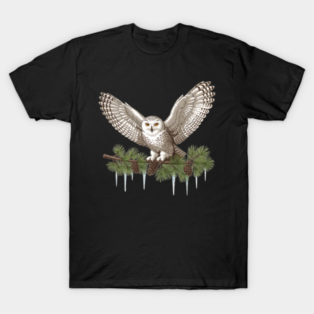 Snowy Owl on Icy Pine Branch Vintage Winter Art T-Shirt by BirdsnStuff