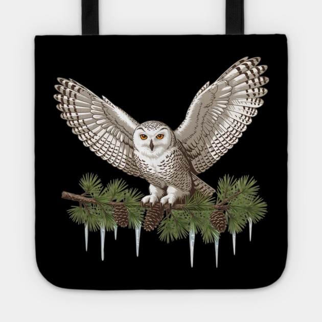 Snowy Owl on Icy Pine Branch Vintage Winter Art Tote by BirdsnStuff