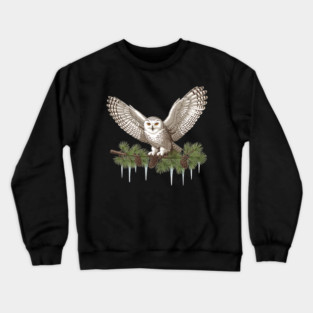 Snowy Owl on Icy Pine Branch Vintage Winter Art Crewneck Sweatshirt