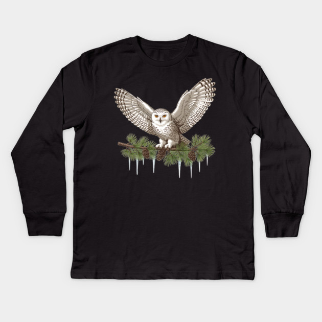Snowy Owl on Icy Pine Branch Vintage Winter Art Kids Long Sleeve T-Shirt by BirdsnStuff