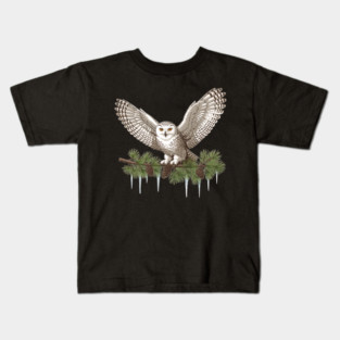 Snowy Owl on Icy Pine Branch Vintage Winter Art Kids T-Shirt