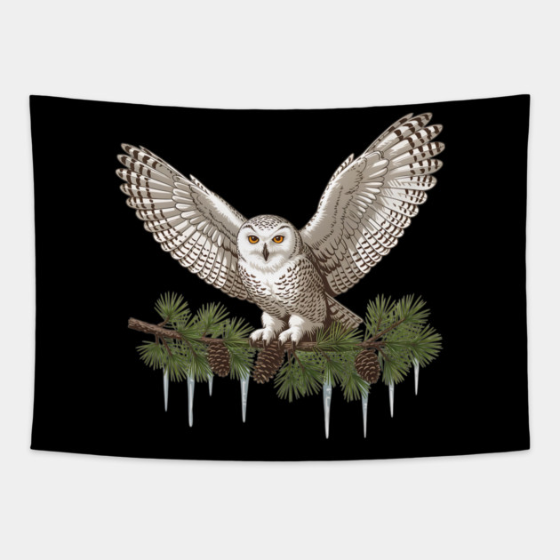 Snowy Owl on Icy Pine Branch Vintage Winter Art Tapestry by BirdsnStuff