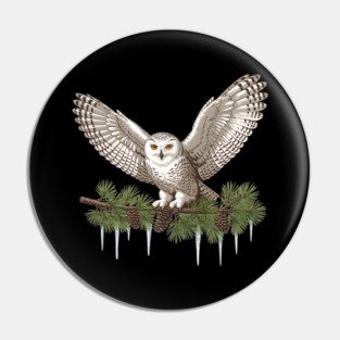 Snowy Owl on Icy Pine Branch Vintage Winter Art Pin