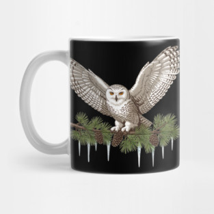 Snowy Owl on Icy Pine Branch Vintage Winter Art Mug