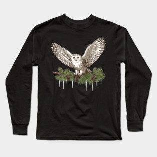 Snowy Owl on Icy Pine Branch Vintage Winter Art Long Sleeve T-Shirt