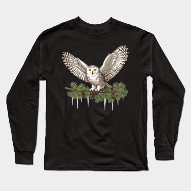 Snowy Owl on Icy Pine Branch Vintage Winter Art Long Sleeve T-Shirt by BirdsnStuff