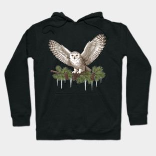 Snowy Owl on Icy Pine Branch Vintage Winter Art Hoodie