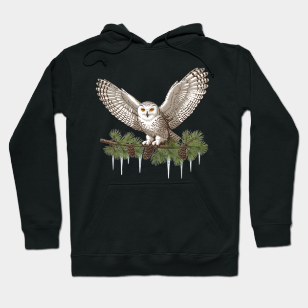 Snowy Owl on Icy Pine Branch Vintage Winter Art Hoodie by BirdsnStuff