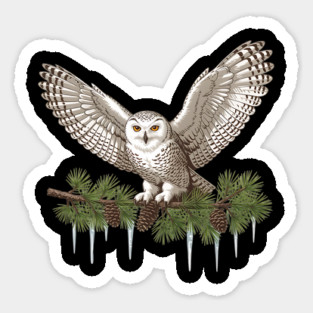 Snowy Owl on Icy Pine Branch Vintage Winter Art Sticker