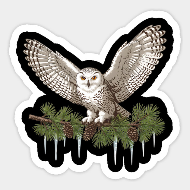 Snowy Owl on Icy Pine Branch Vintage Winter Art Magnet by BirdsnStuff