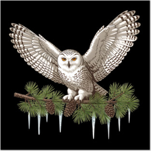 Snowy Owl on Icy Pine Branch Vintage Winter Art Posters and Art