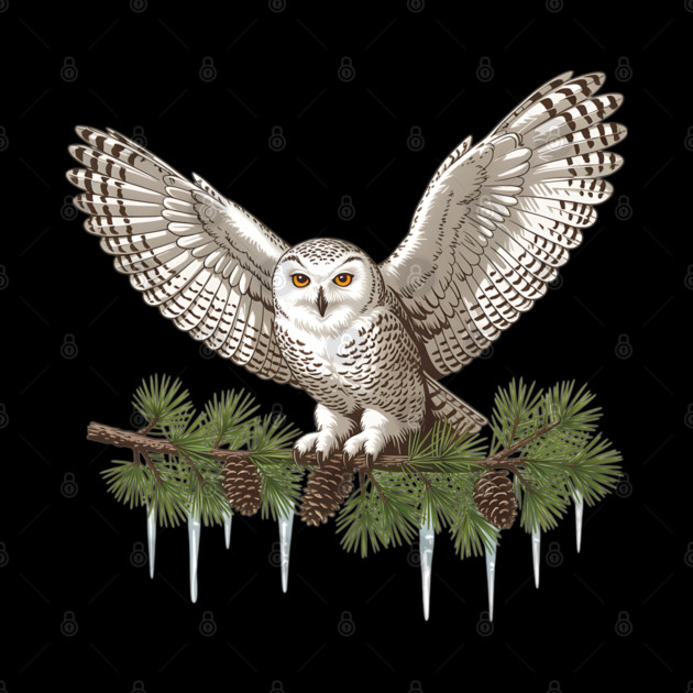 Snowy Owl on Icy Pine Branch Vintage Winter Art by BirdsnStuff