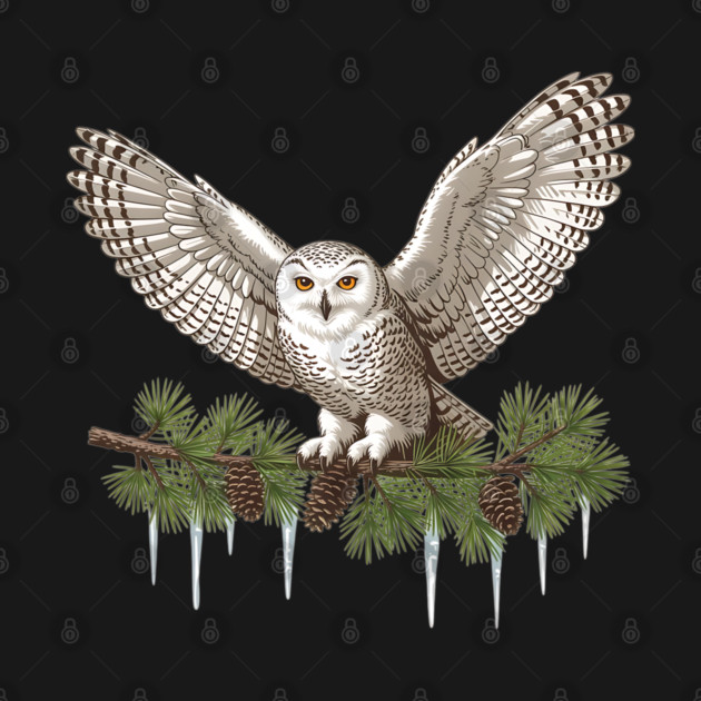 Snowy Owl on Icy Pine Branch Vintage Winter Art by BirdsnStuff