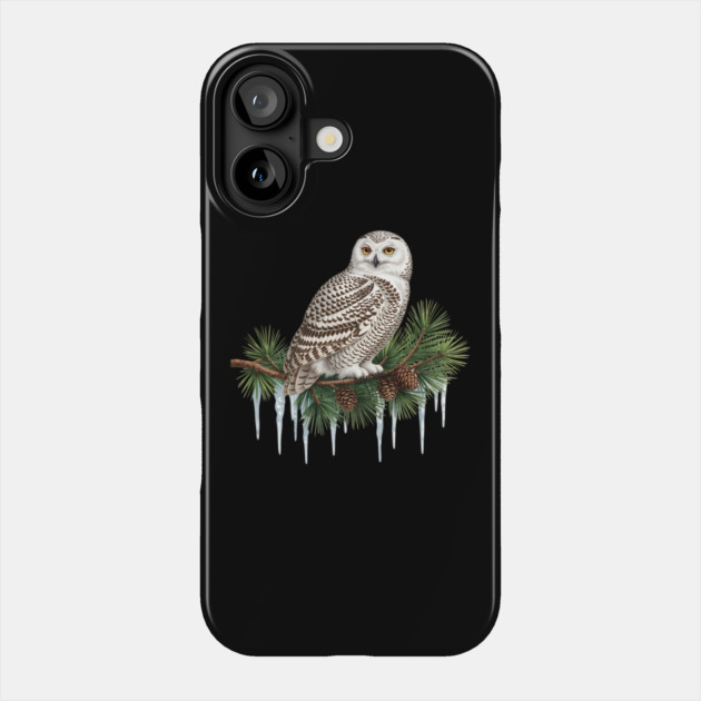 Snowy Owl on Icy Pine Branch Vintage Winter Art Phone Case by BirdsnStuff