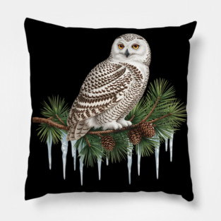 Snowy Owl on Icy Pine Branch Vintage Winter Art Pillow