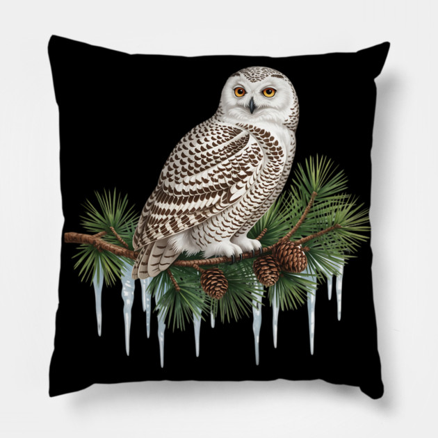 Snowy Owl on Icy Pine Branch Vintage Winter Art Pillow by BirdsnStuff