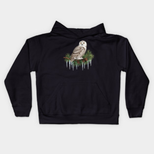 Snowy Owl on Icy Pine Branch Vintage Winter Art Kids Hoodie