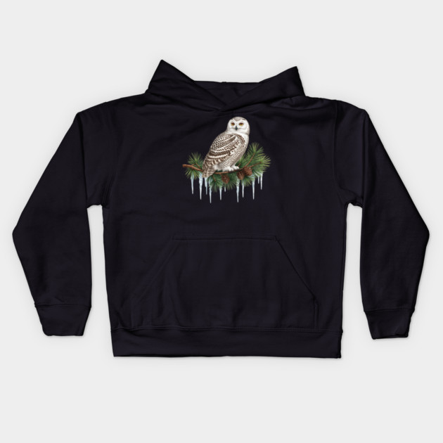 Snowy Owl on Icy Pine Branch Vintage Winter Art Kids Hoodie by BirdsnStuff