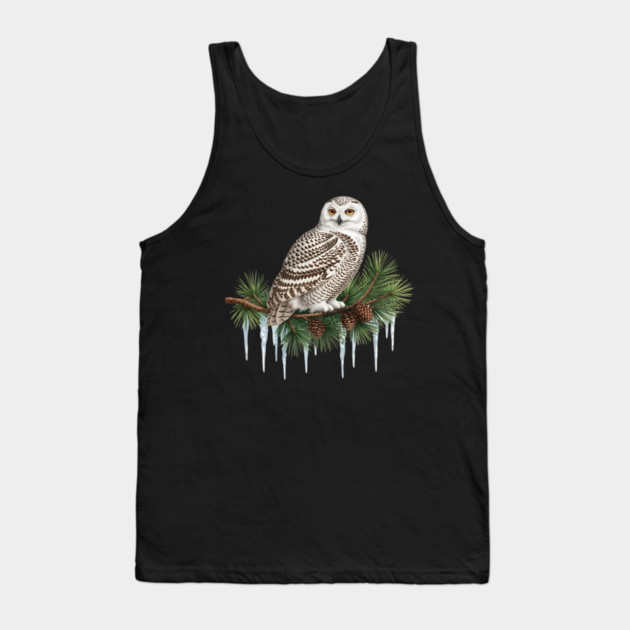 Snowy Owl on Icy Pine Branch Vintage Winter Art Tank Top by BirdsnStuff