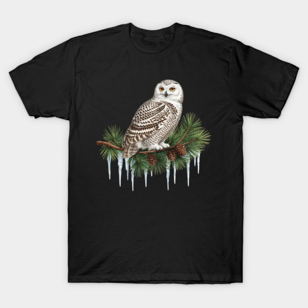 Snowy Owl on Icy Pine Branch Vintage Winter Art T-Shirt by BirdsnStuff