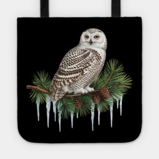 Snowy Owl on Icy Pine Branch Vintage Winter Art Tote