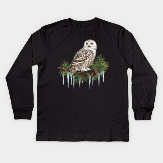 Snowy Owl on Icy Pine Branch Vintage Winter Art Kids Long Sleeve T-Shirt by BirdsnStuff