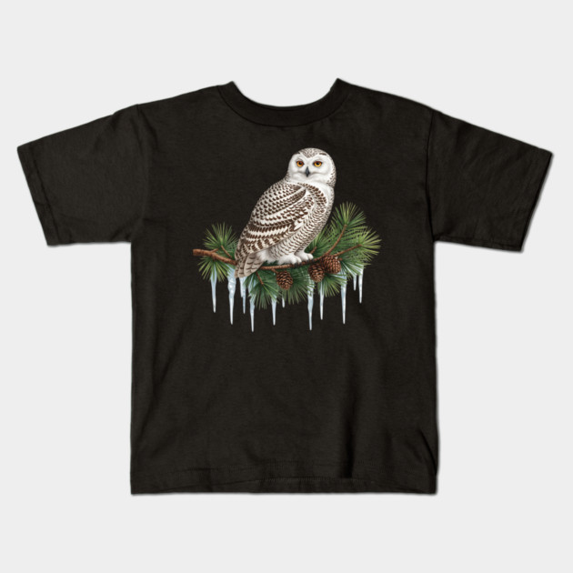 Snowy Owl on Icy Pine Branch Vintage Winter Art Kids T-Shirt by BirdsnStuff