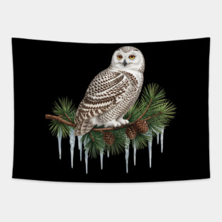 Snowy Owl on Icy Pine Branch Vintage Winter Art Tapestry