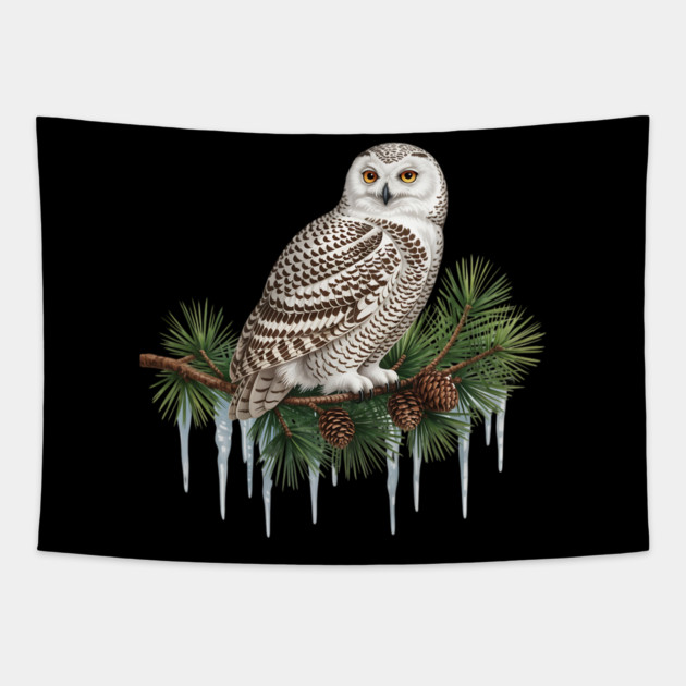Snowy Owl on Icy Pine Branch Vintage Winter Art Tapestry by BirdsnStuff