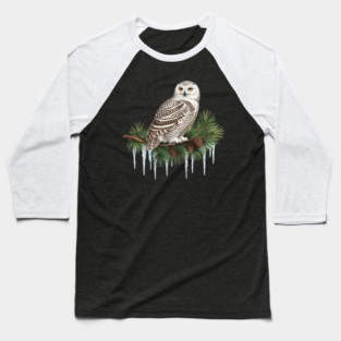 Snowy Owl on Icy Pine Branch Vintage Winter Art Baseball T-Shirt