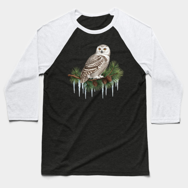 Snowy Owl on Icy Pine Branch Vintage Winter Art Baseball T-Shirt by BirdsnStuff