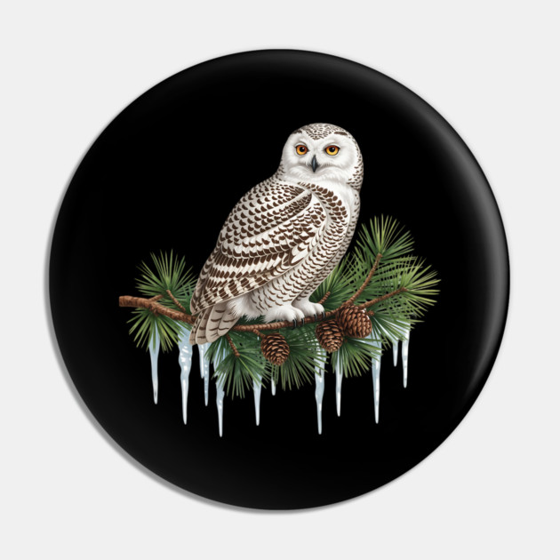 Snowy Owl on Icy Pine Branch Vintage Winter Art Pin by BirdsnStuff