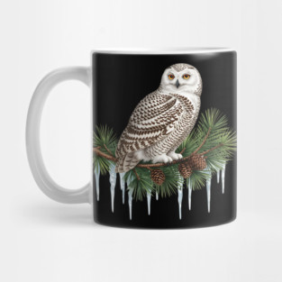 Snowy Owl on Icy Pine Branch Vintage Winter Art Mug