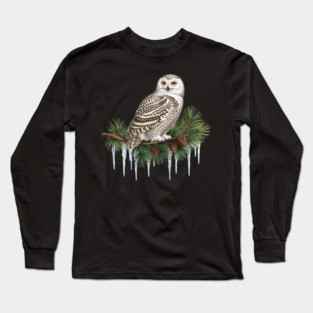 Snowy Owl on Icy Pine Branch Vintage Winter Art Long Sleeve T-Shirt