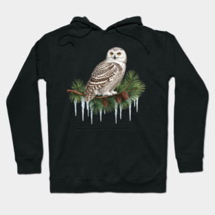 Snowy Owl on Icy Pine Branch Vintage Winter Art Hoodie
