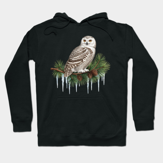 Snowy Owl on Icy Pine Branch Vintage Winter Art Hoodie by BirdsnStuff