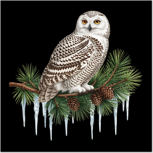 Snowy Owl on Icy Pine Branch Vintage Winter Art Wall Art by BirdsnStuff
