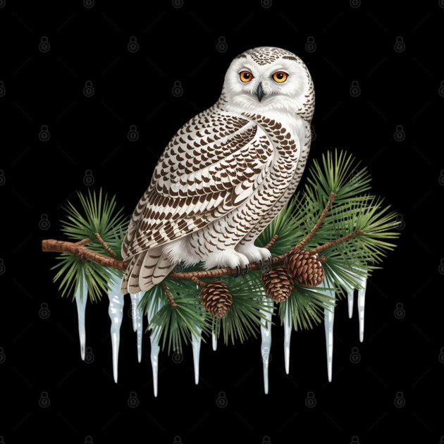 Snowy Owl on Icy Pine Branch Vintage Winter Art by BirdsnStuff