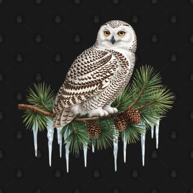 Snowy Owl on Icy Pine Branch Vintage Winter Art by BirdsnStuff