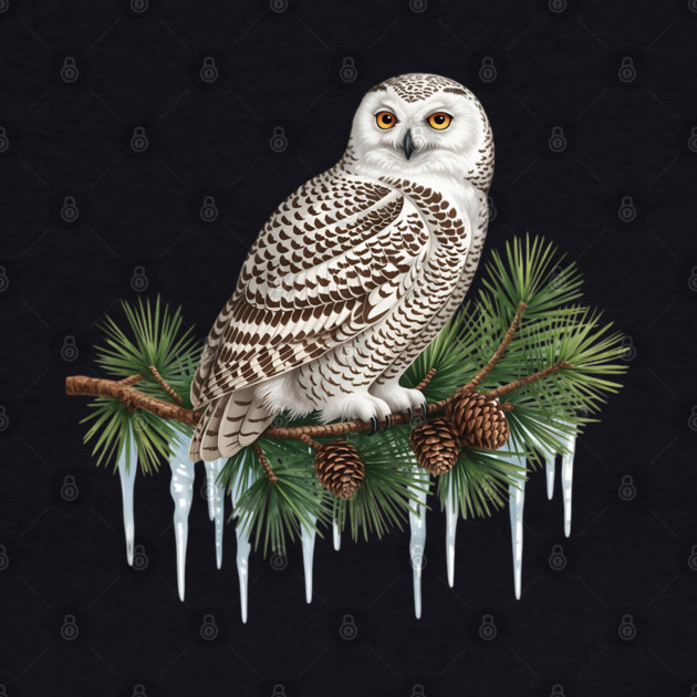 Snowy Owl on Icy Pine Branch Vintage Winter Art by BirdsnStuff
