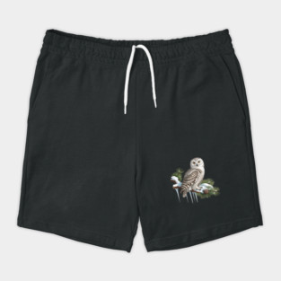 Snowy Owl on Icy Pine Branch Vintage Winter Art Shorts