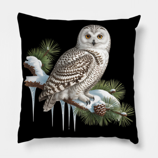 Snowy Owl on Icy Pine Branch Vintage Winter Art Pillow by BirdsnStuff